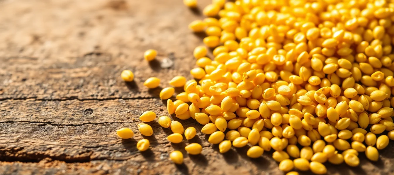 Bright yellow mustard seeds in a bowl with scattered seeds, emphasizing premium quality and