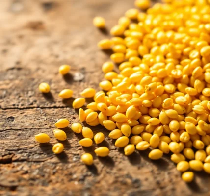 Bright yellow mustard seeds in a bowl with scattered seeds, emphasizing premium quality and