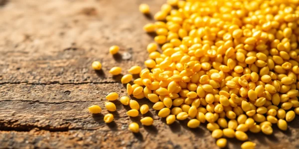 Bright yellow mustard seeds in a bowl with scattered seeds, emphasizing premium quality and