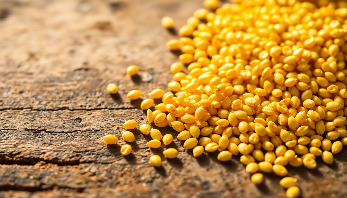 Bright yellow mustard seeds in a bowl with scattered seeds, emphasizing premium quality and